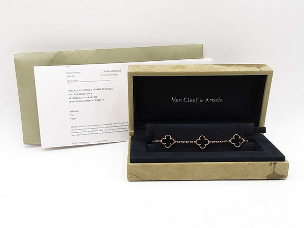 Van Cleef & Arpels 5-motif Onyx Alhambra Bracelet In 18k Yellow Gold 11.6 Grams 7 Inch Fw1025lrzxdu