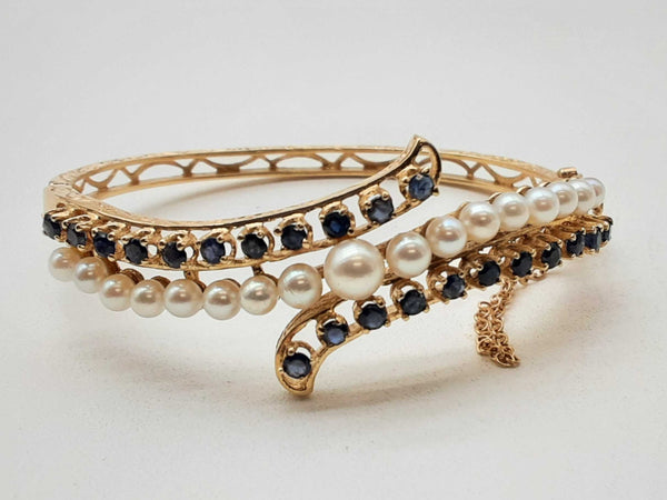 14k Yellow Gold 15.2g Sapphires Pearls Clasp Bangle Bracelet 6 In Do1224crxde