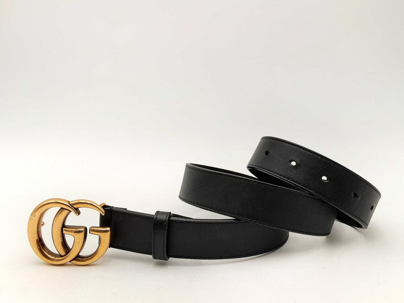 Gucci Marmont Thin Black Leather Belt & Gold-tone Double G Buckle Fw1124lxzsa