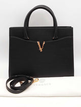 Versace Virtus Black Leather Top Handle Tote Bag Eb0726wxzsa