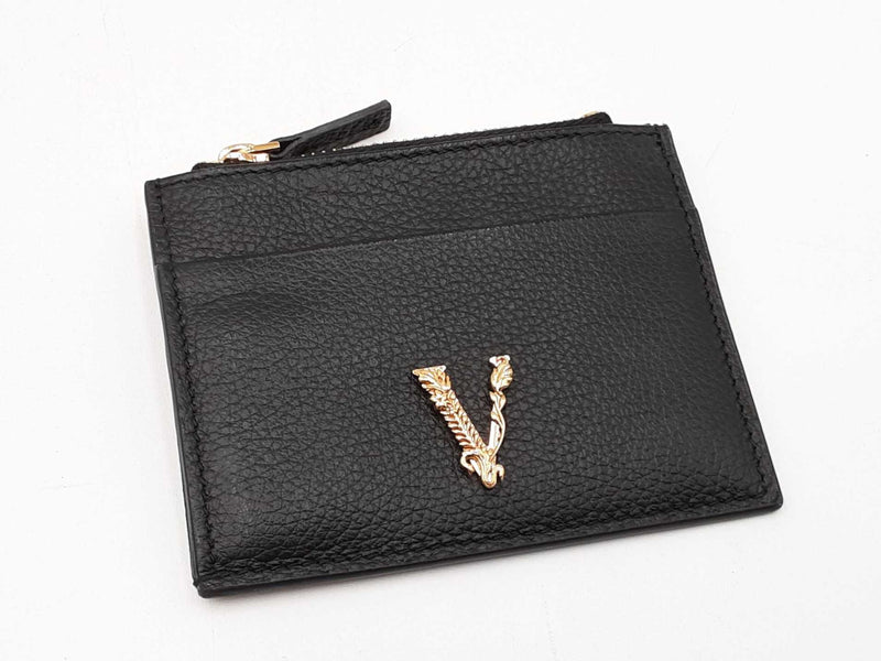 Versace Virtus Black Grained Leather Card Holder Wallet Fw0525izdu
