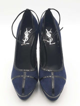 Yves Saint Laurent Navy Suede & Black Leather Courts Heels Size 38.5 Eb0525cxsa