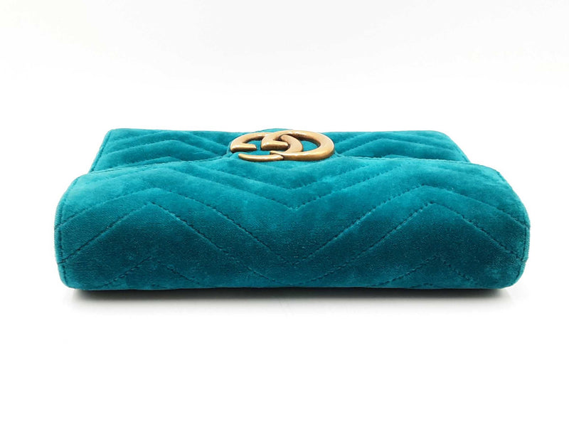 Gucci Gg Marmont Matelassé Chain Wallet In Pavone Cyan Velvet Fw0725wrzdu