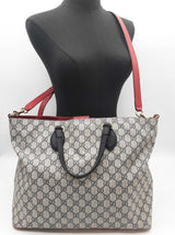 Gucci 453705 Tan Navy Gg Supreme Coated Canvas Red Leather Tote Bag Do0625pxzde