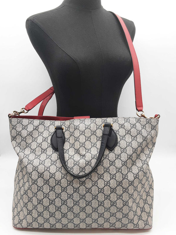 Gucci 453705 Tan Navy Gg Supreme Coated Canvas Red Leather Tote Bag Do0625pxzde