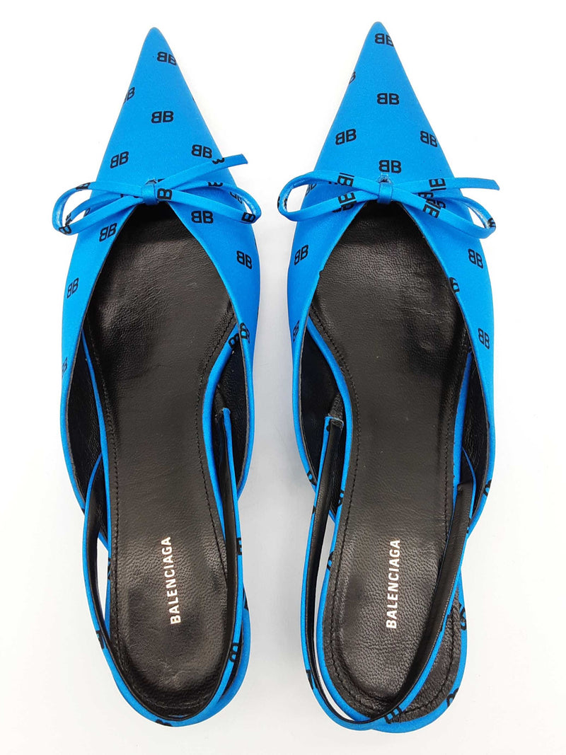 Balenciaga Knife Mules Logo Blue Satin Heels Size Eu 38 Do0725pxde