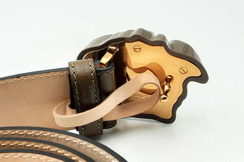 Versace Khaki Ostrich Belt With Medusa Buckle Eb0125lrxsa