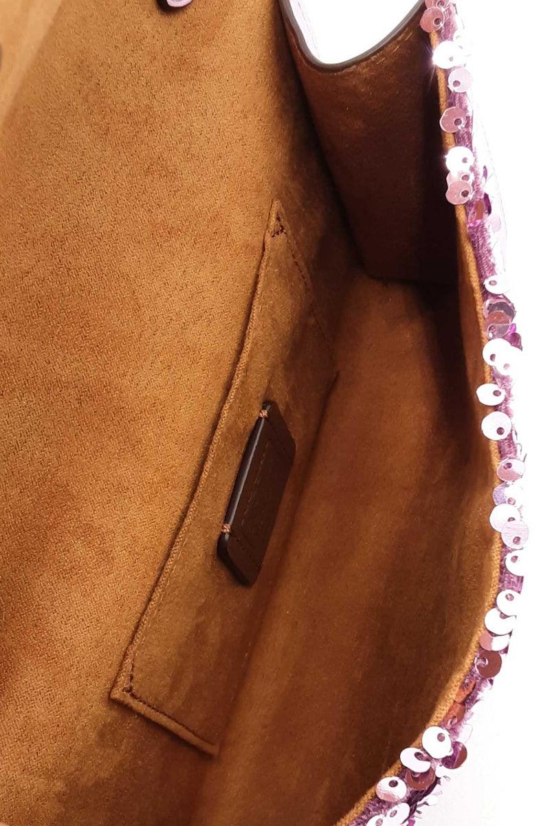 Coach Small Flap Clutch In Lilac Metallic Leather & Sequins Fw1125