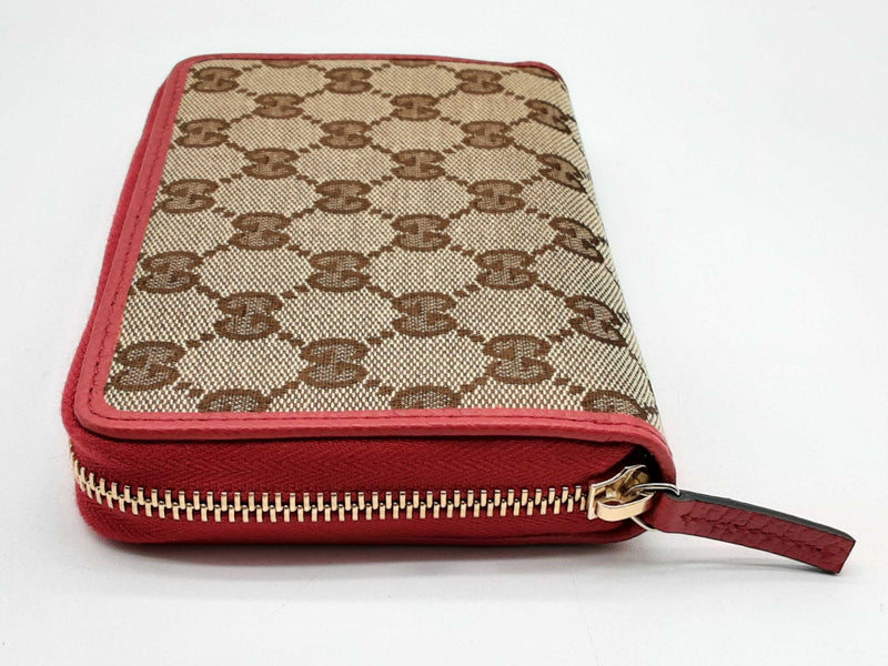 Gucci 420113 Gg Tan Canvas Red Leather Zipper Wallet Do0125lexde