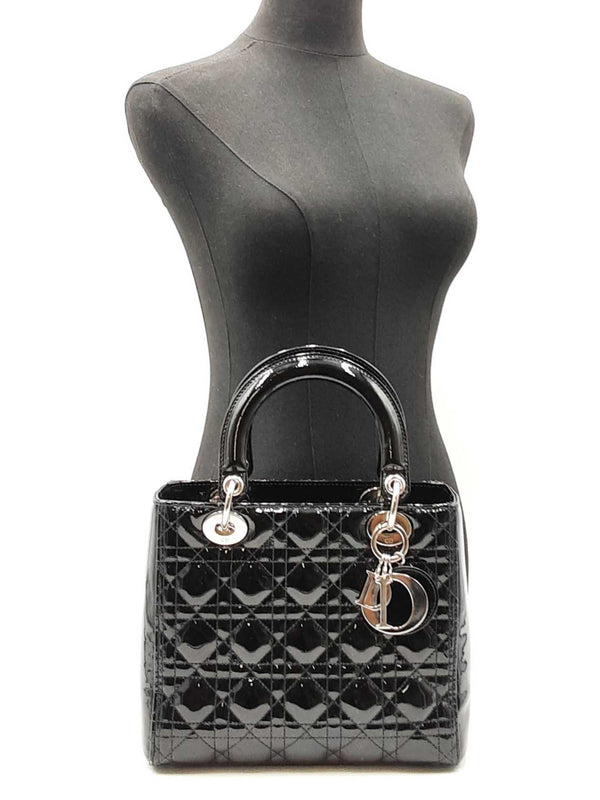 Christian Dior Lady Dior In Black Patent Cannage Leather Fw00825lzxzdu