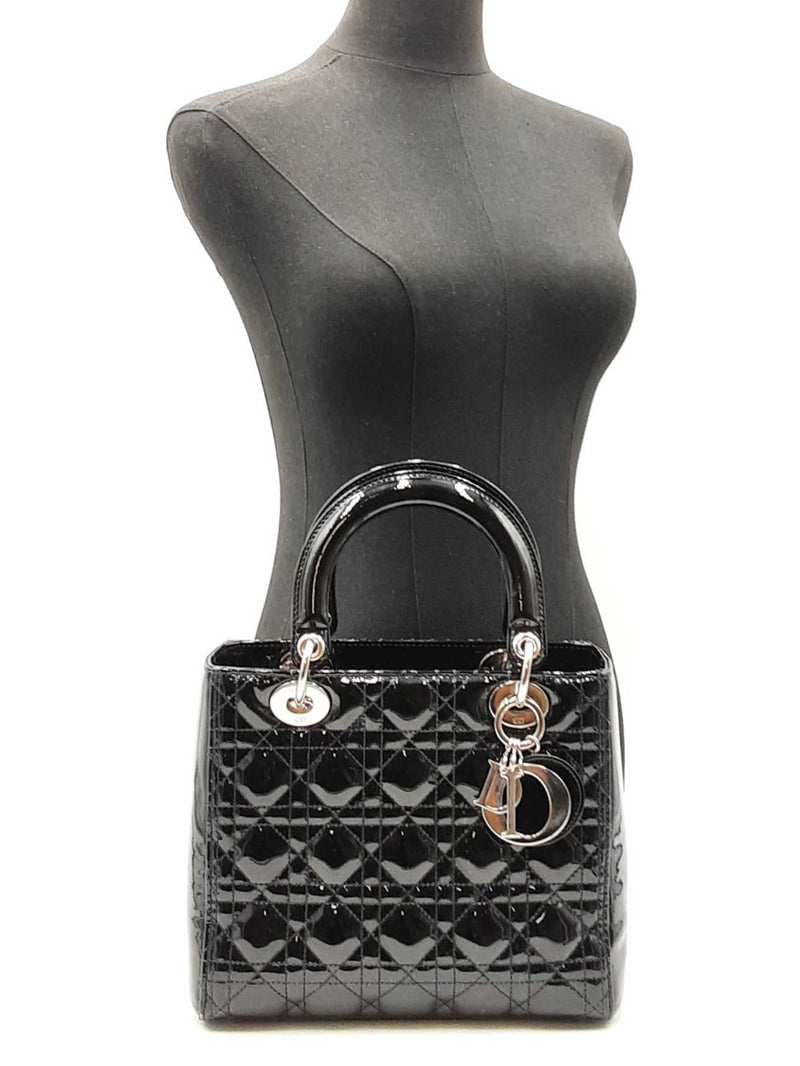 Christian Dior Lady Dior In Black Patent Cannage Leather Fw00825lzxzdu