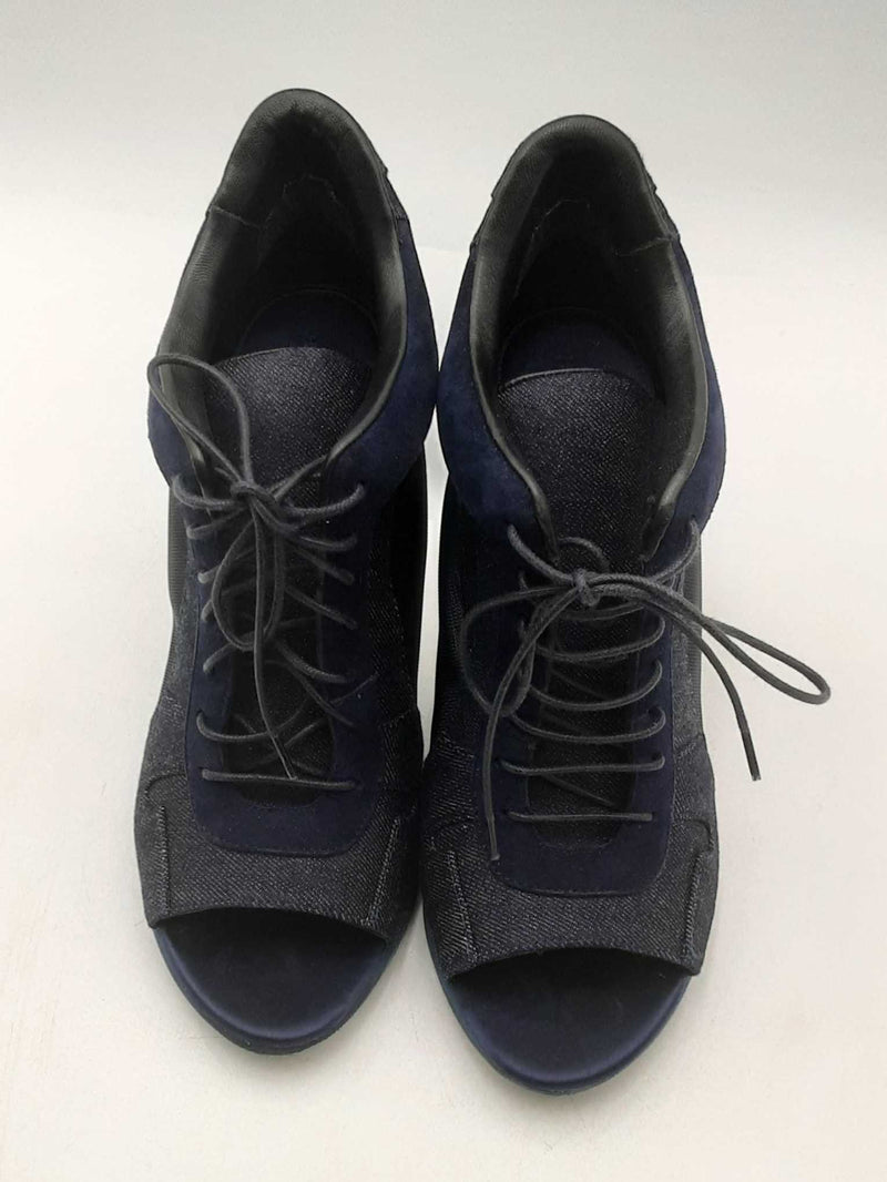 Burberry Denim & Navy Blue Sude Peep Toe Lace Up Heel Booties Size 36 Eb325lxzsa