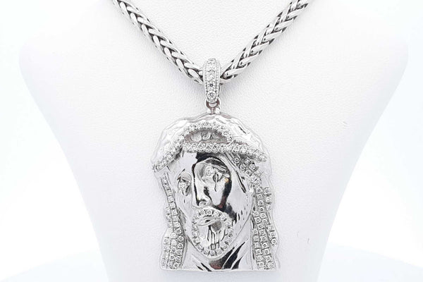 Diamond Jesus Pendant & Chain In 14k White Gold 42.6 Grams 20 Inch Eb1024loxzsa