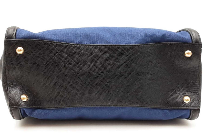 Prada Navy Blue Canvas & Black Saffiano Leather Tote Bag Eb1025oordu