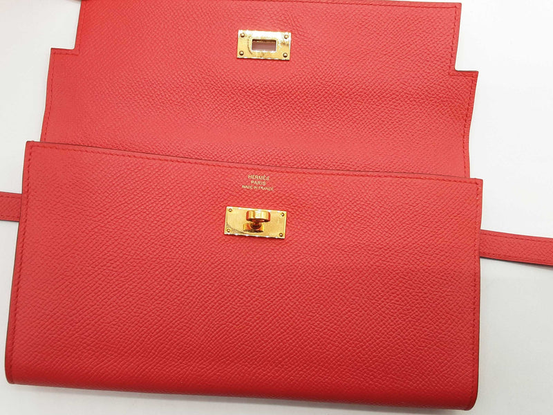 Hermes Kelly 20 Rouge Pivoine Red Epsom Gold Hardware Wallet Do0924oxzxde