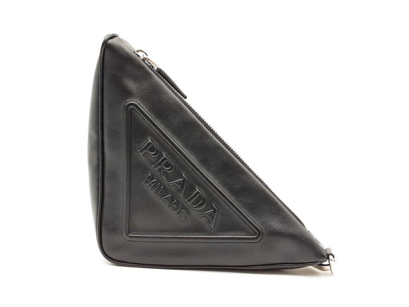 Prada Triangle Embossed Logo Black Leather Clutch Fw0225rzxdu