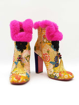 Christian Louboutin May Wong 100 Booties In Brocade & Fur Size 38 Fw0826lzxdu