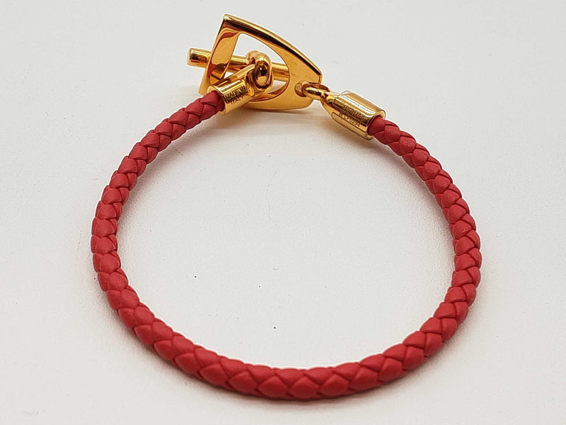 Hermes Etrier Red Braided Leather Goldtone Clasp Bracelet 6.5 In Do1025lrxde