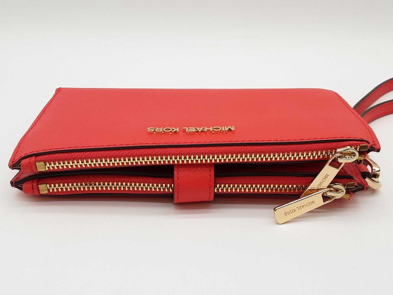 Michael Kors Red Leather Double Zip Bifold Wristlet Tech Wallet Do1025lrde