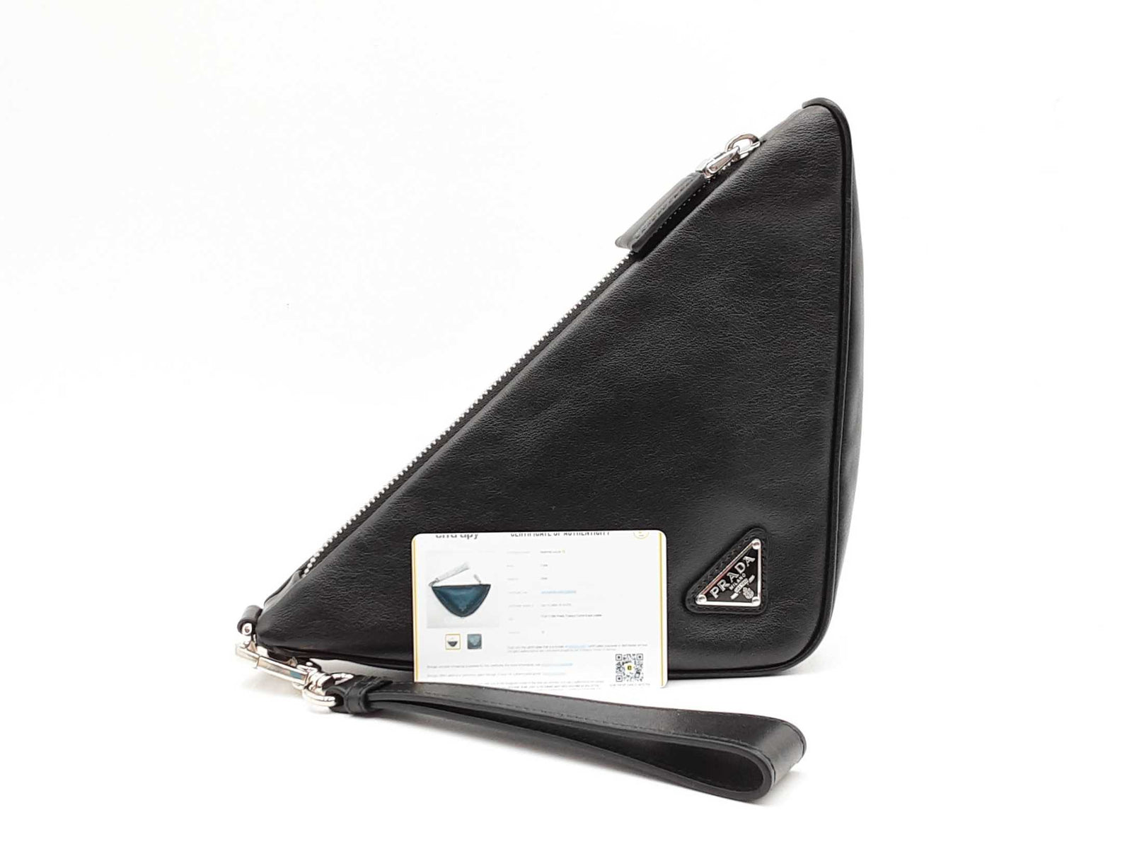 Prada Triangle Embossed Logo Black Leather Clutch