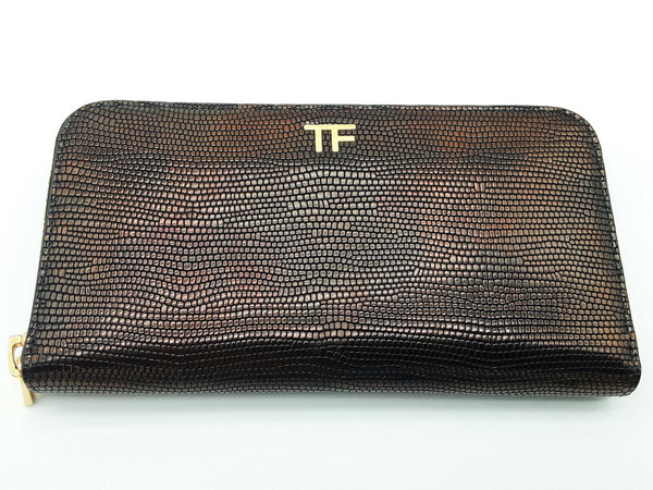 Tom Ford Brown Metallic Lizard Scale Embossed Leather Zipper Wallet Do0725oxzde