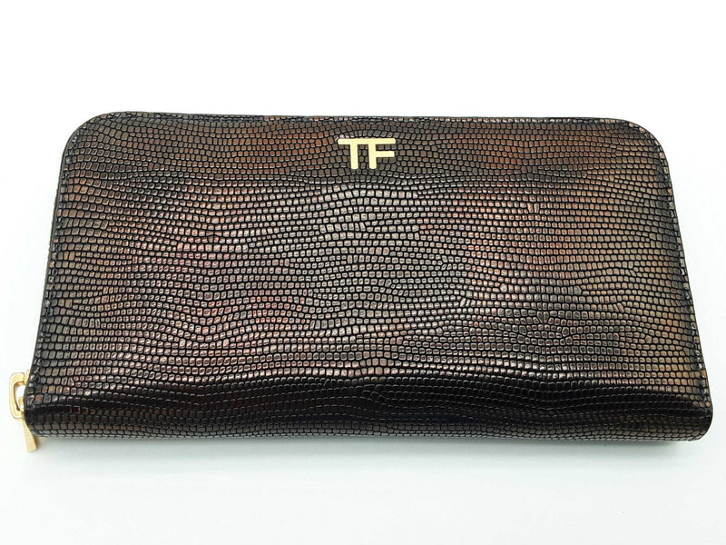 Tom Ford Brown Metallic Lizard Scale Embossed Leather Zipper Wallet Do0725oxzde