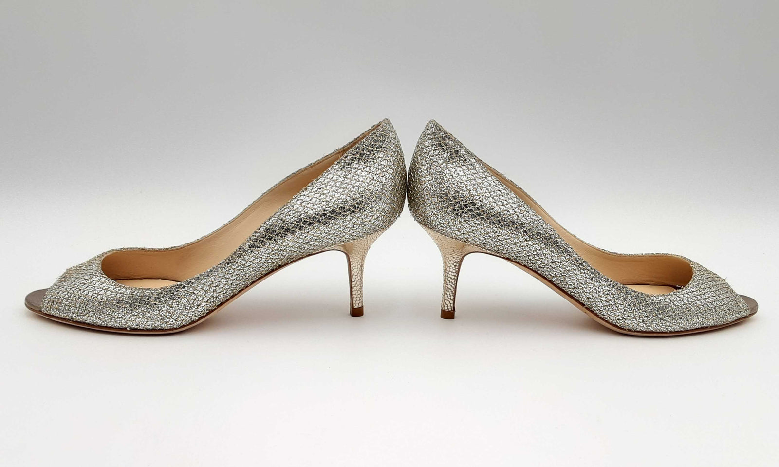 Jimmy Choo Open Toe Champagne Metallic Silver Heels Size 36