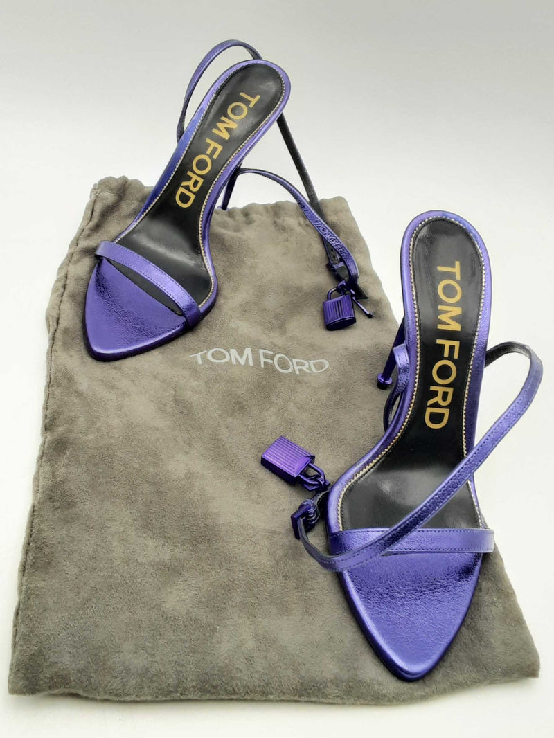 Tom Ford Padlock Purple Leather Ankle Wrap Heels Size 38.5 Eb0225oxzsa