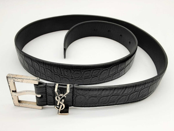 Yves Saint Laurent Ysl Cassandre Black Croc Embossed Leather Belt 80 Do0125loxde