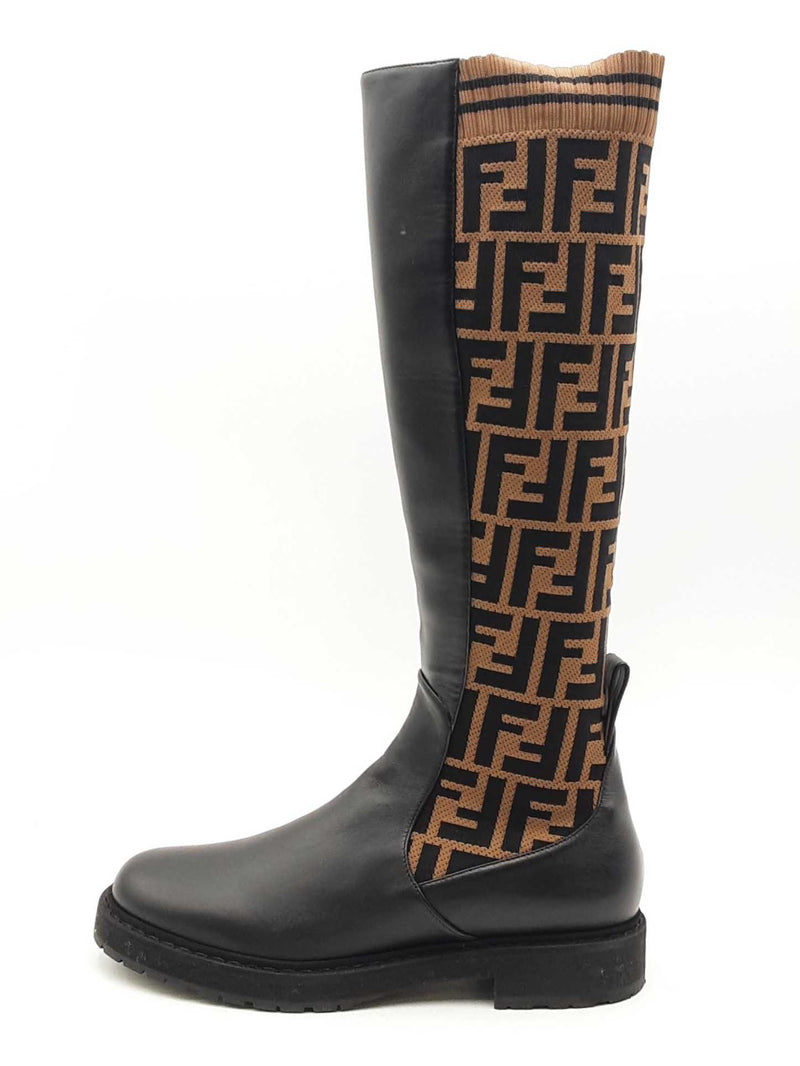 Fendi Rockoko Ff Fabric & Leather Knee High Boots Size 38 Eb0125oxzsa