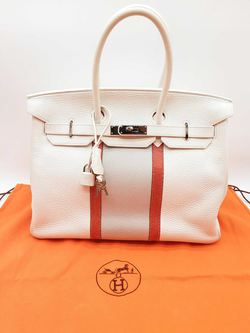 Hermes Birkin 35 White Clemence Orange Lizard Palladium Handbag Do1024exzxde