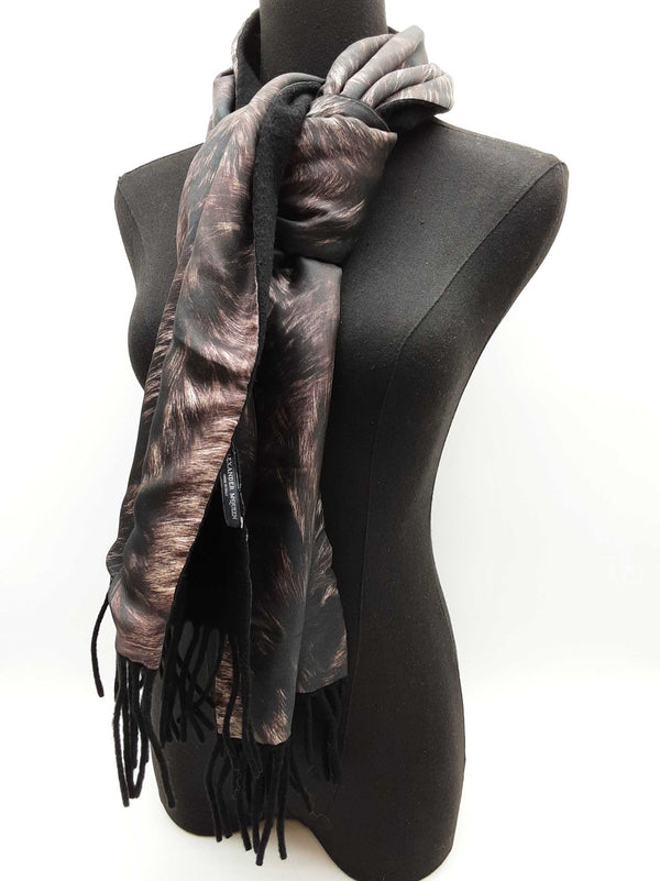Alexander Mcqueen Brown Black Fur Printed Silk Black Wool Scarf Do1025lxzde