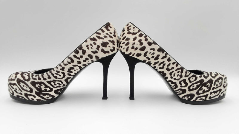 Yves Saint Laurent White Leopard Calf Hair Platform Heels Size 39.5 Fw1124crdu