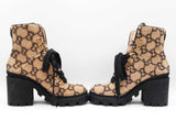 Gucci Combat Ankle Boots In Beige & Ebony Gg Monogram Wool Size 39 Fw00625ozxdu