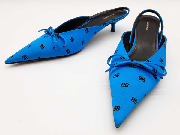 Balenciaga Knife Mules Logo Blue Satin Heels Size Eu 38 Do0725pxde