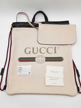 Gucci 516689 Printed Logo Beige Leather Drawstring Backpack Do0326wxzde