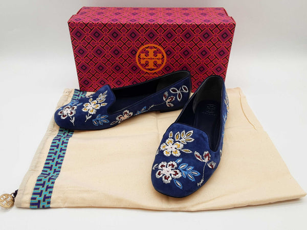 Tory Burch Trotters Estee Blue Suede Floral Embroidered Shoes Size8.5 Do0725lxde