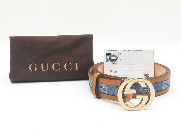 Gucci Interlocking G Belt Buckle With Denim & Leather Belt Size 85|34 Fw0825ezdu