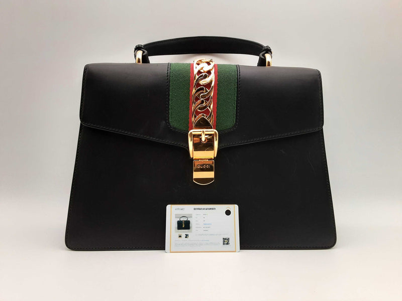 Gucci Sylvie Web Chain Black Leather Top Handle Satchel Bag Fw0824rxzsa