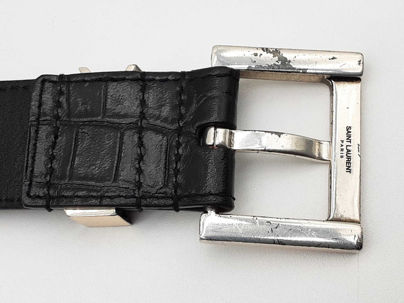 Yves Saint Laurent Ysl Cassandre Black Croc Embossed Leather Belt 80 Do0125loxde