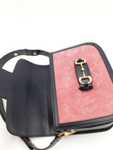 Gucci Horsebit Pink Corduroy & Navy Leather Shoulder Bag Eb1024exzdu