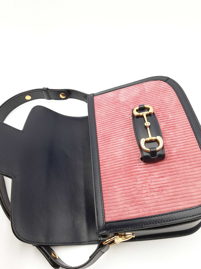 Gucci Horsebit Pink Corduroy & Navy Leather Shoulder Bag Eb1024exzdu