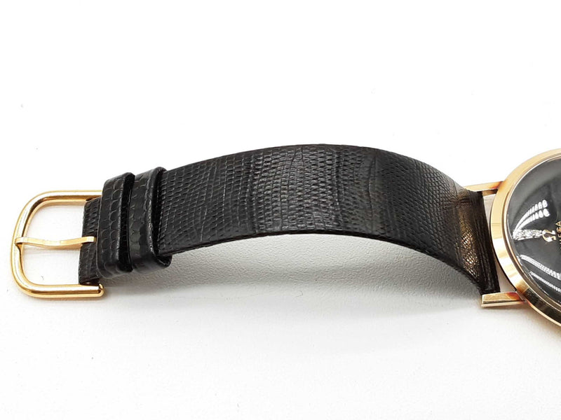 Omega 33mm Black Dial Lizard Band 14k Yellow Gold Winding Watch Do0525lxzxde