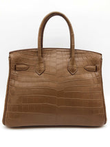 Hermes Birkin 30 Matte Brown Green Crocodile Gold Handbag Do0625wprxzde