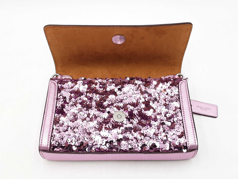 Coach Small Flap Clutch In Lilac Metallic Leather & Sequins Fw1125