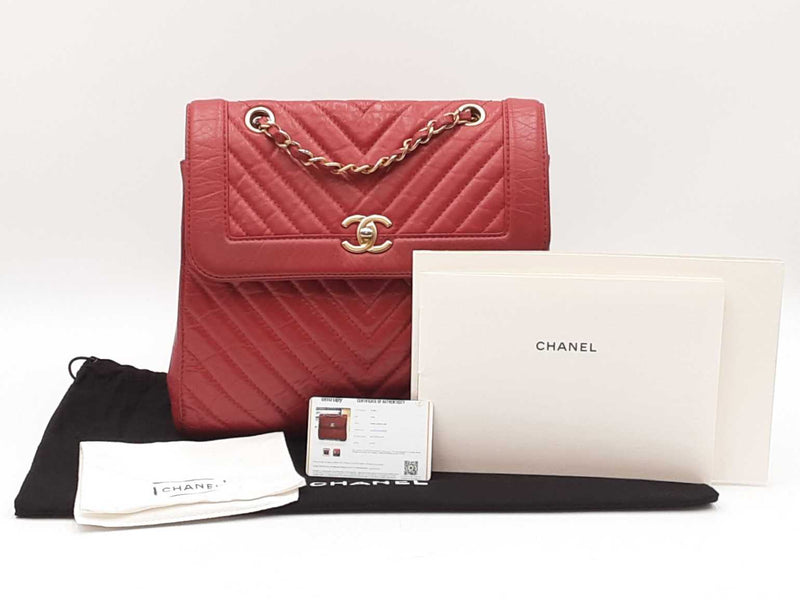 Chanel Cc Chevron Quilted Red Calfskin Top Handle Satchel Backpack Fw0725lzxzdu