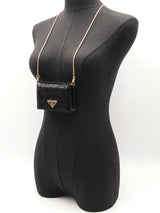 Prada Sequined Triangle Logo Card Holder With Chain In Black Leather Fw1225wxzdu
