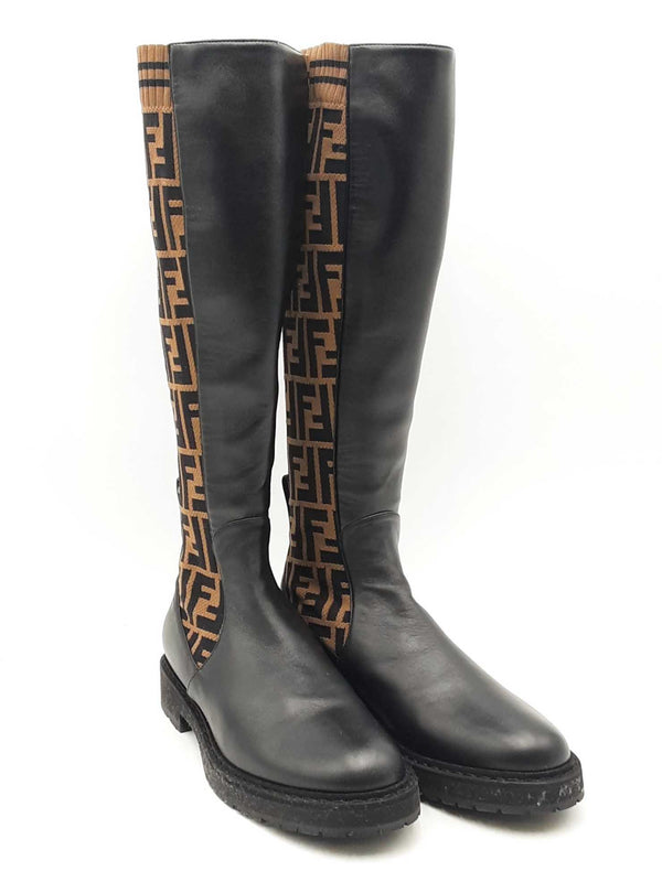 Fendi Rockoko Ff Fabric & Leather Knee High Boots Size 38 Eb0125oxzsa