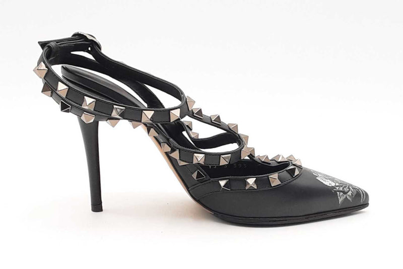 Valentino Rockstud Undercover Ankle Strap Black Leather Heels Size 37 Eb1224exsa