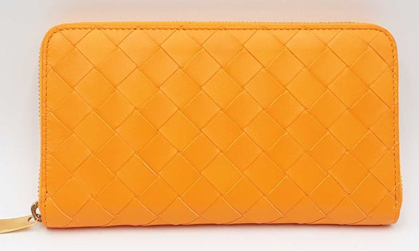 Bottega Veneta Intrecciato Weave Orange Leather Zip Wallet Ebwxzdu 144030007735